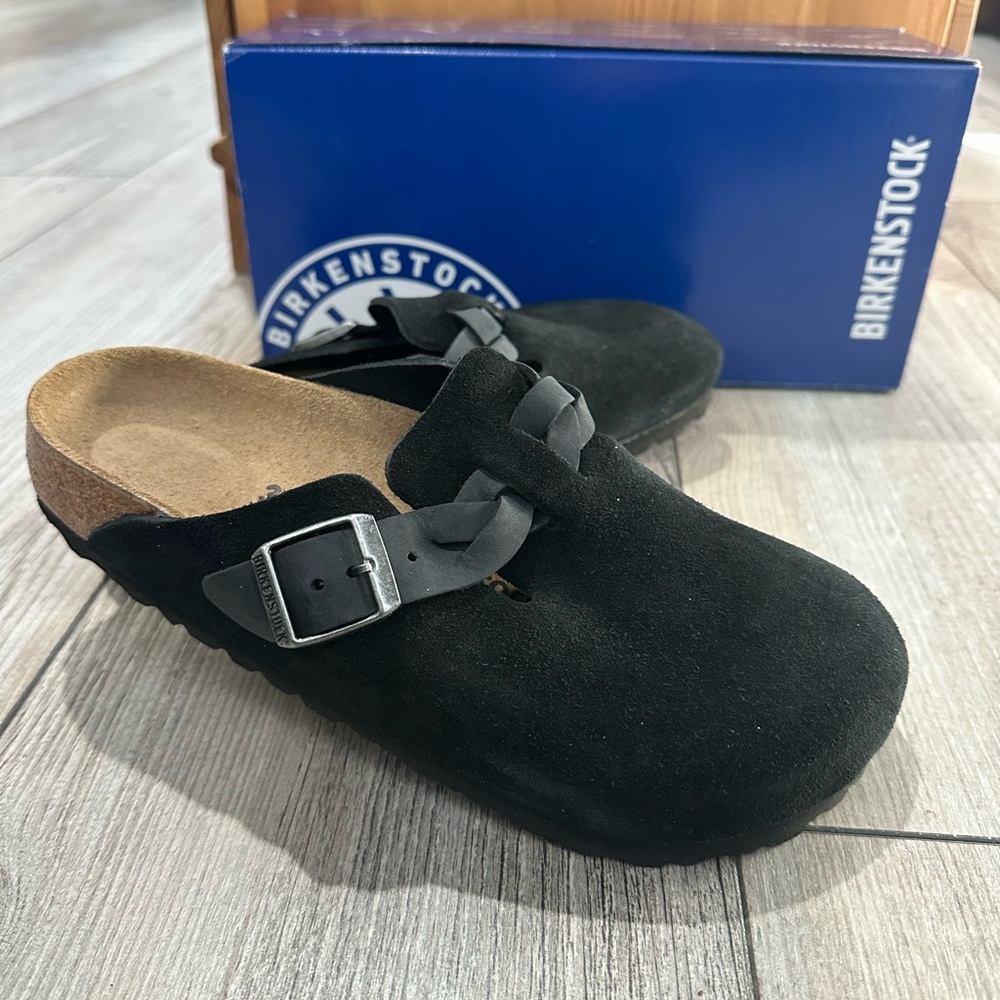 Birkenstock Boston Braided Black Suede Slip-On Clogs